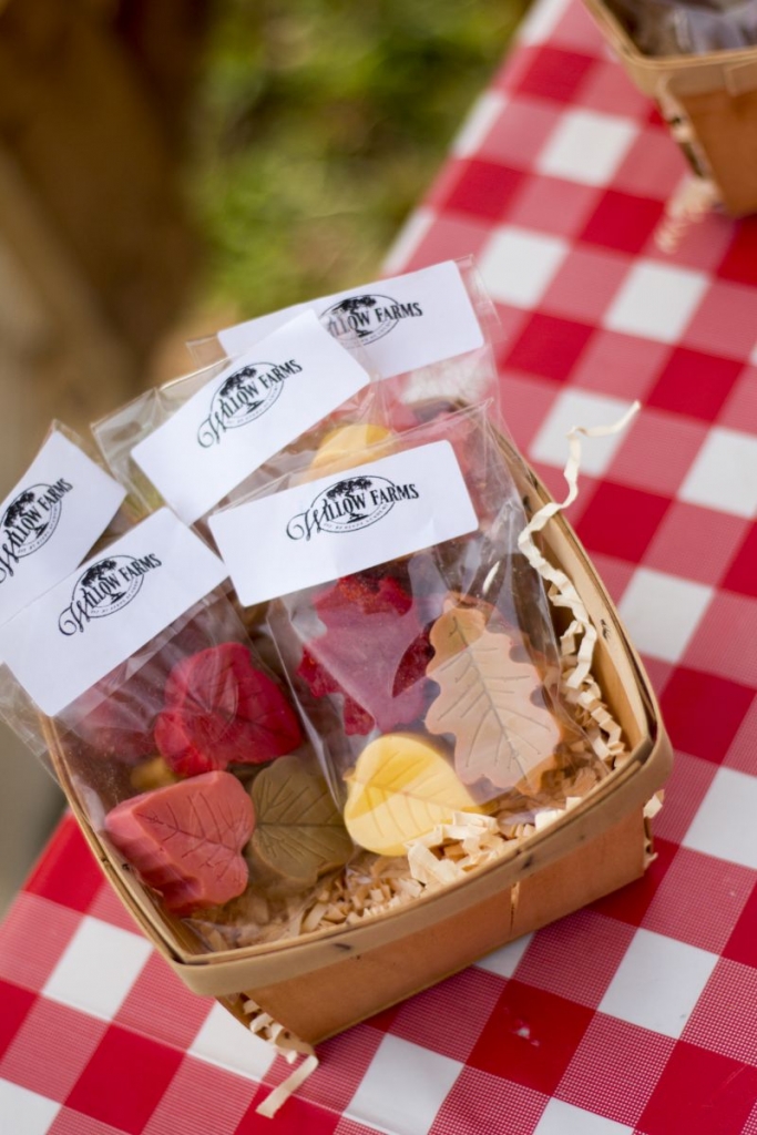 Baked goods packaged with Willow Farms labels in a basket on a checked tablecloth