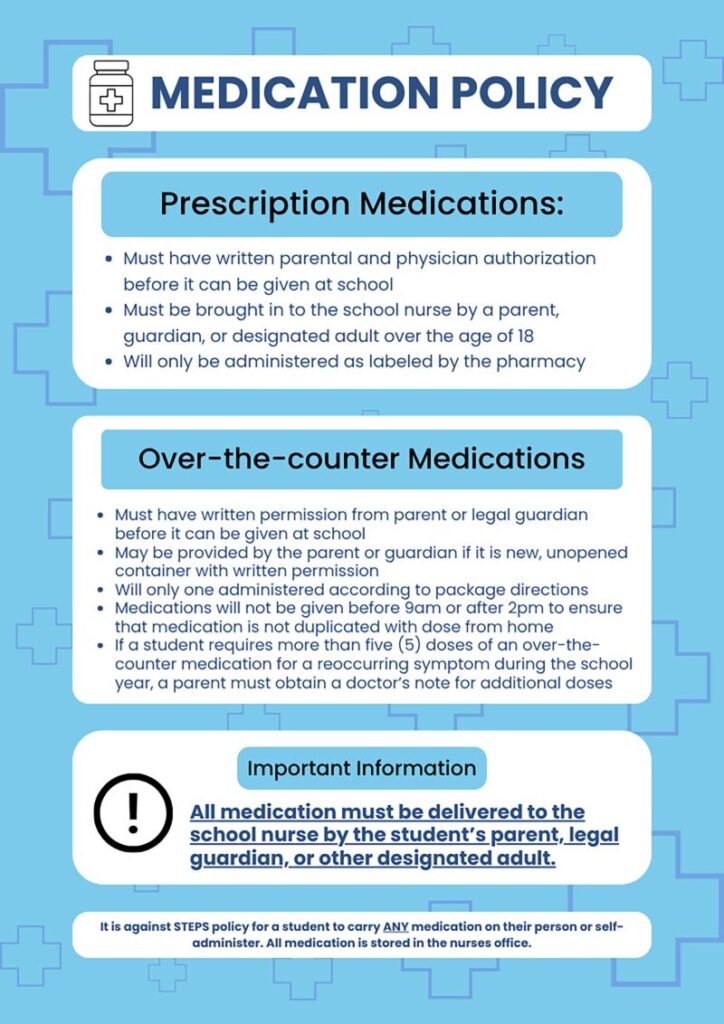 STEPS Medication Policy flyer: rules for prescription and over-the-counter medications at school. A text version follows.
